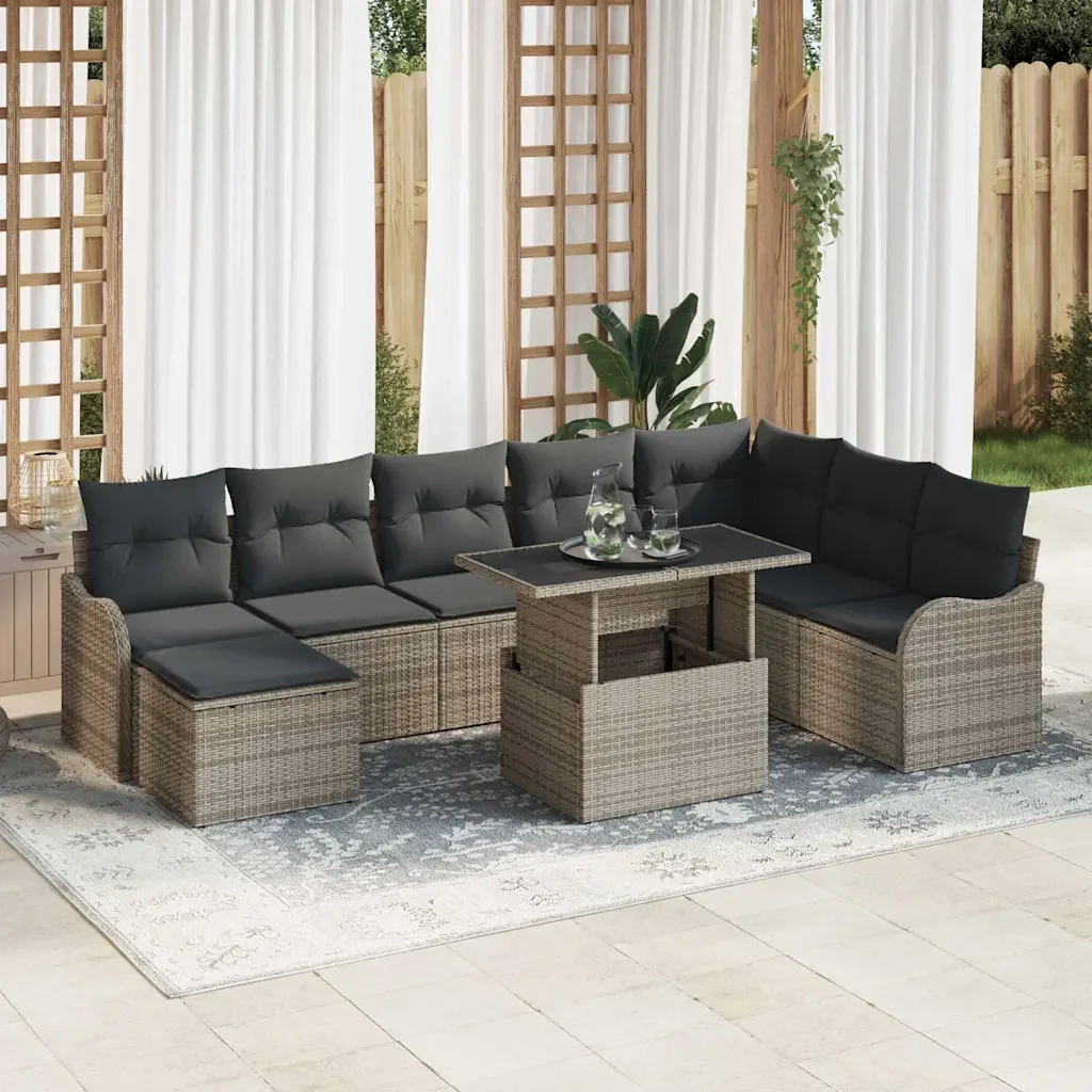 Set Divano da Giardino con cuscino 9 pcs Grigio Poly Rattan 3348515