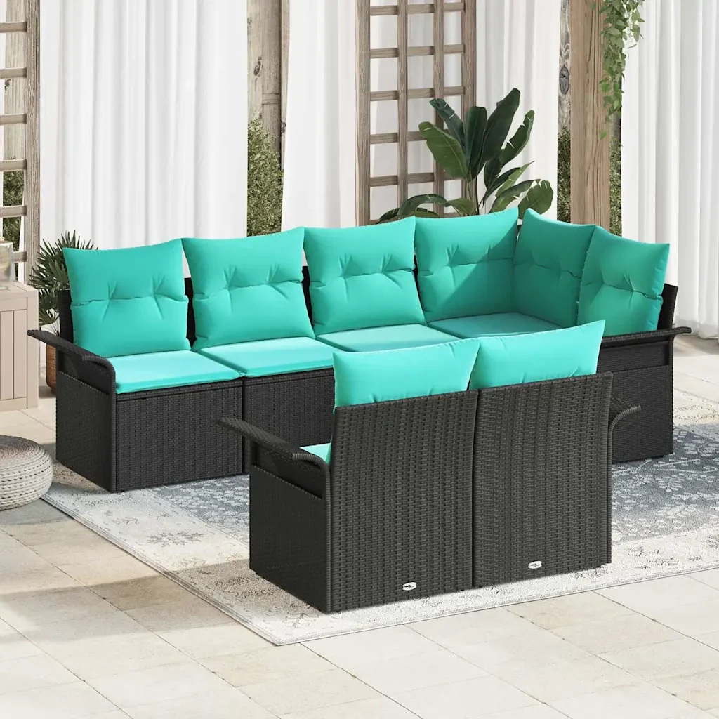 Set Divano da Giardino con cuscino 7 pcs Nero polyrattan
