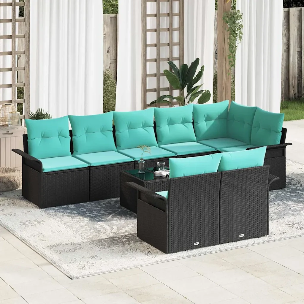 Set Divano da Giardino con cuscino 9 pcs Nero polyrattan