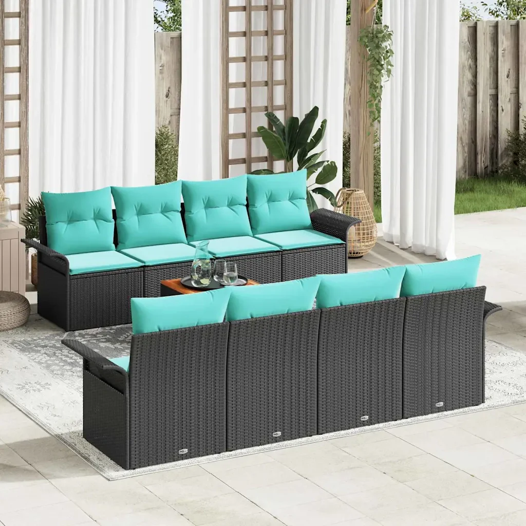 Set Divano da Giardino con cuscino 9 pcs Nero polyrattan