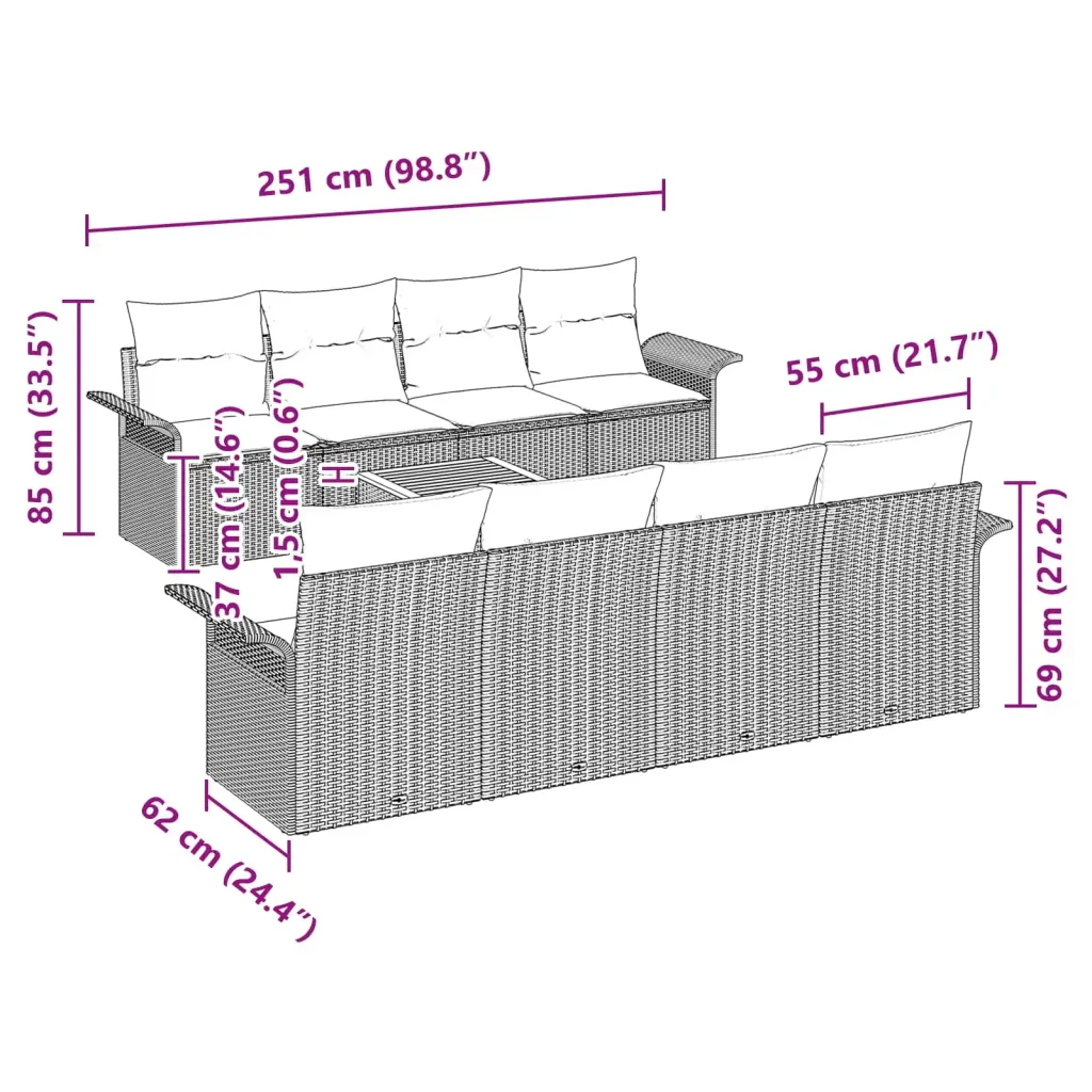 Set Divano da Giardino con cuscino 9 pcs Nero polyrattan - Image 8