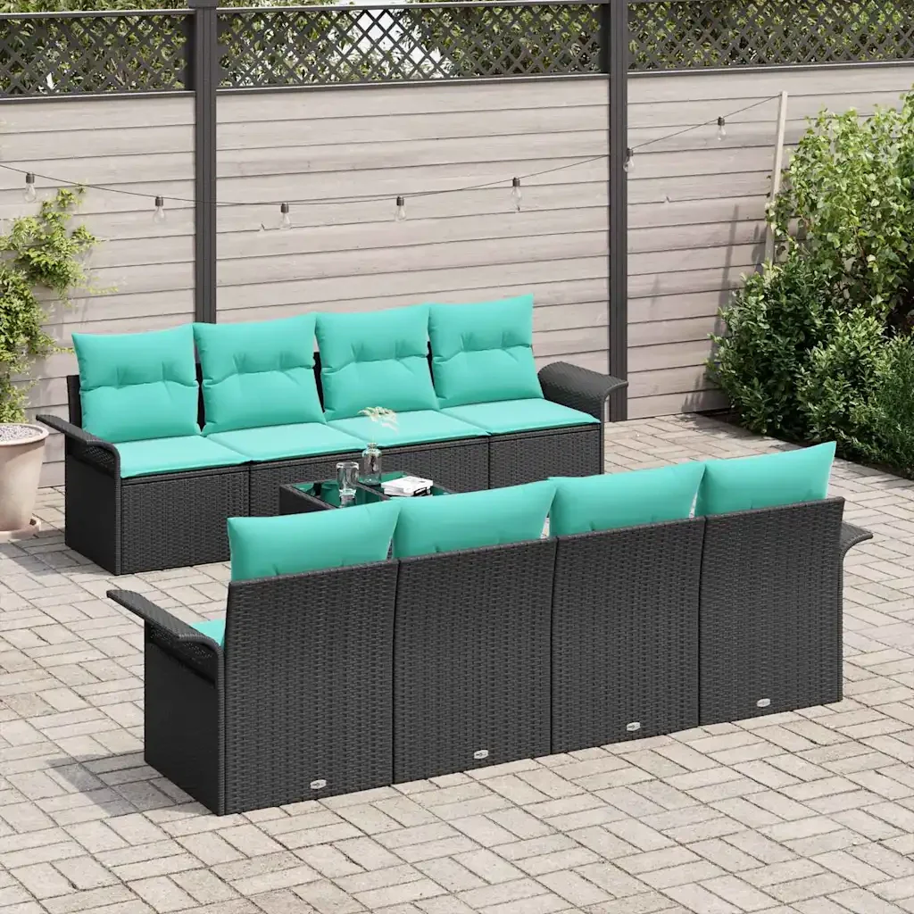 Set Divano da Giardino con cuscino 9 pcs Nero polyrattan - Image 3