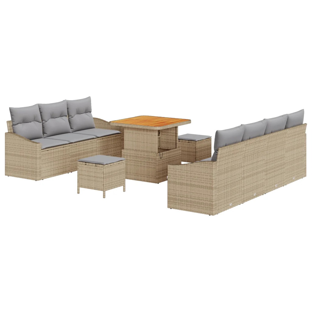 Set Divano da Giardino da 10 Pezzi con Cuscini Beige Polyrattan Acacia - Image 2