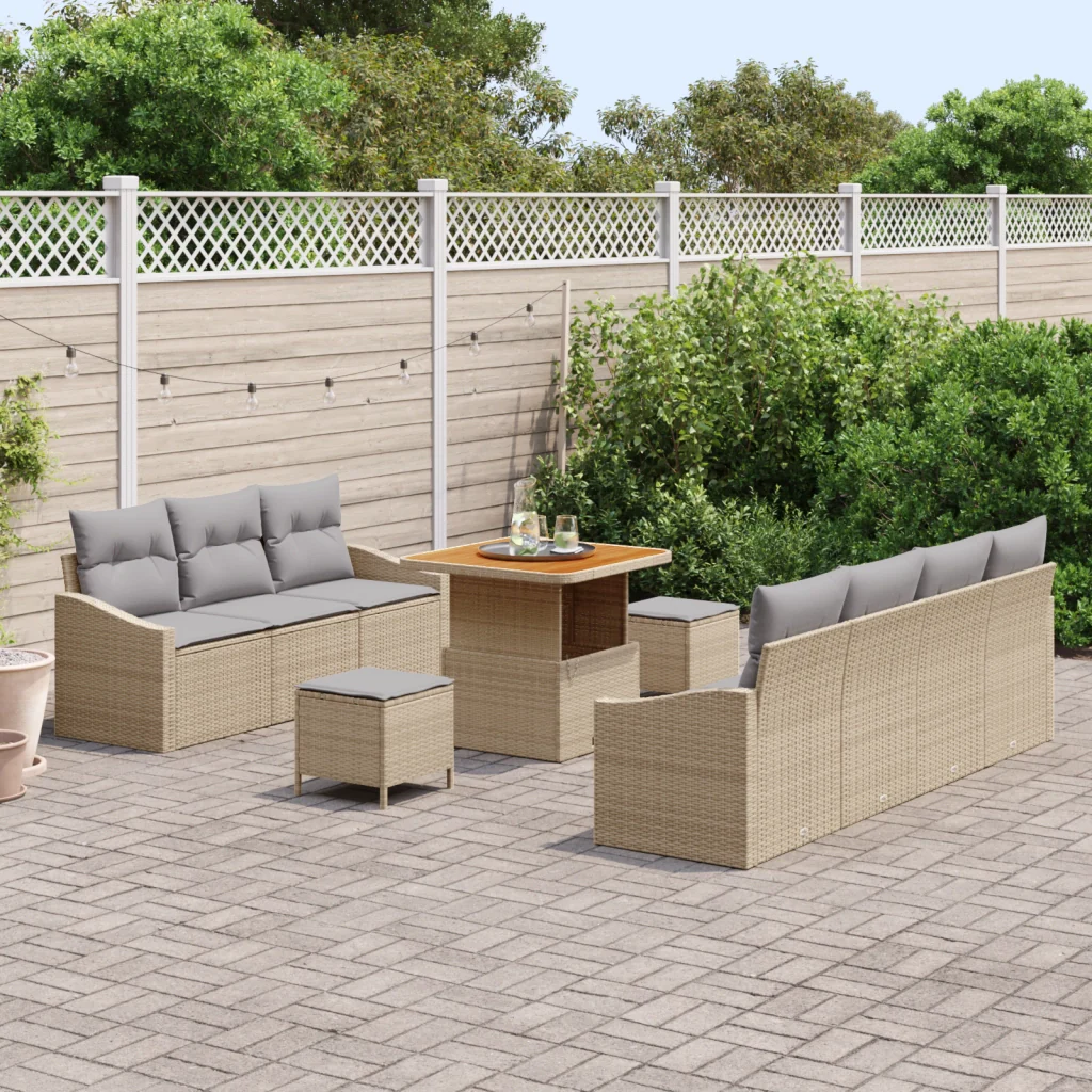 Set Divano da Giardino da 10 Pezzi con Cuscini Beige Polyrattan Acacia - Image 3