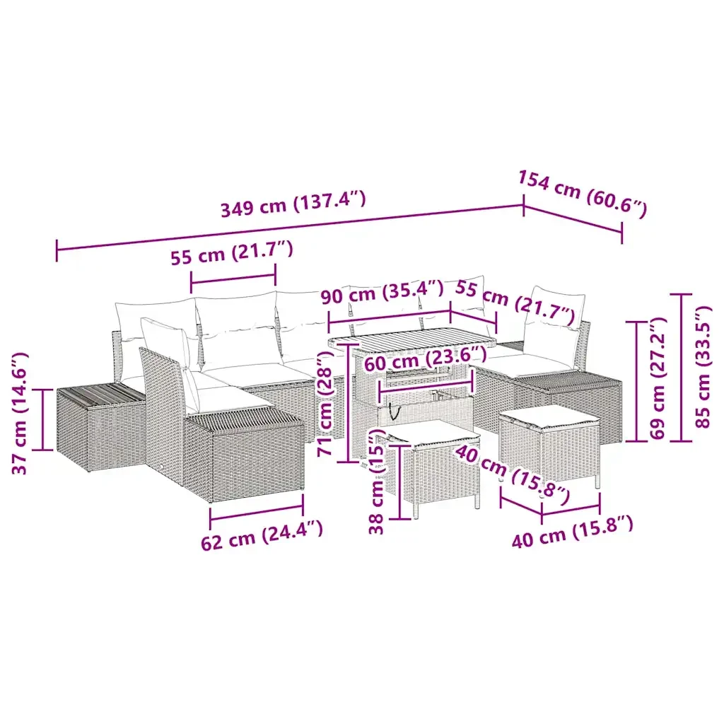 Set Divano da Giardino con cuscino 10 pcs Beige polyrattan 3362772 - Image 9