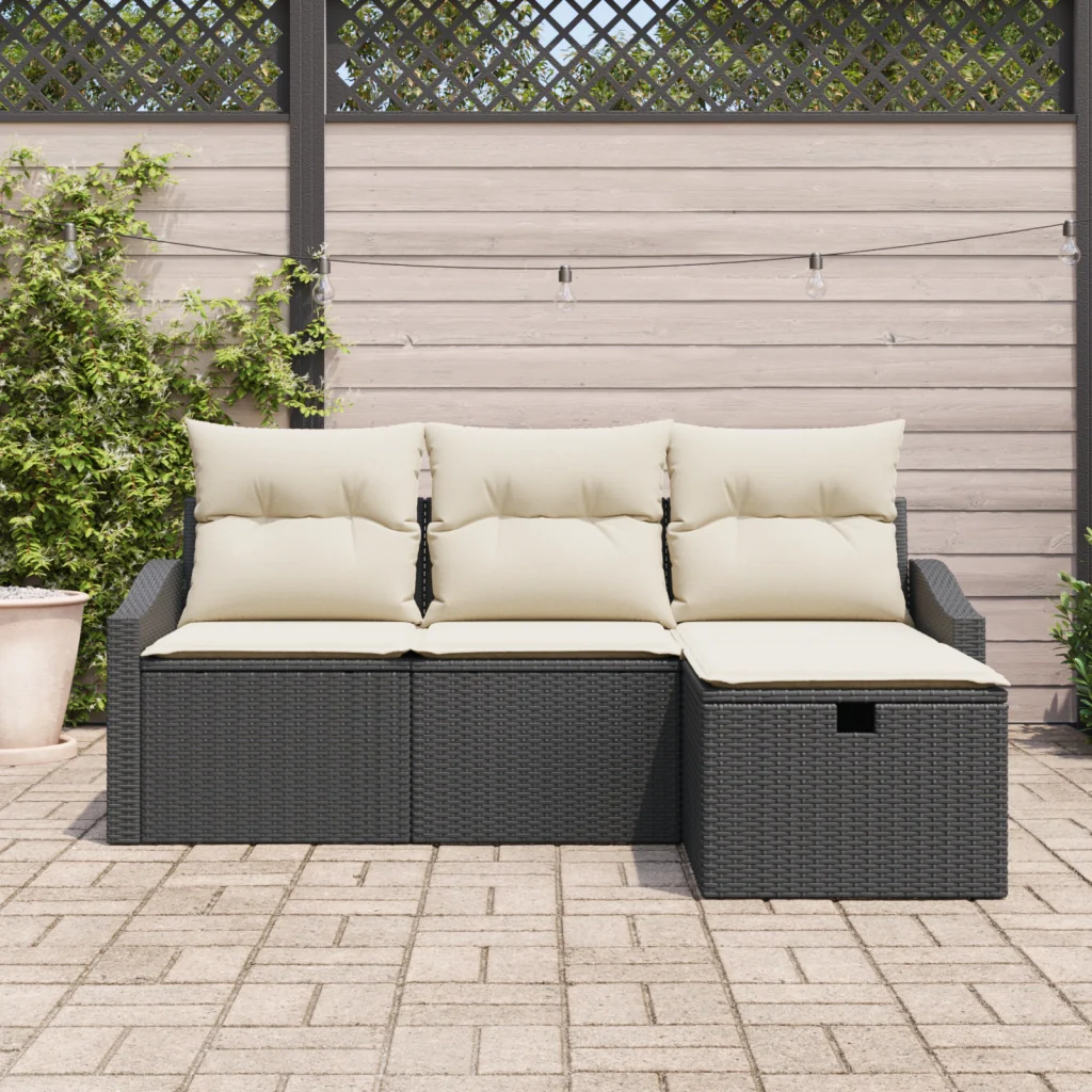 Set Divano da Giardino da 4 Pezzi con Cuscini in Rattan Sintetico Nero - Image 3
