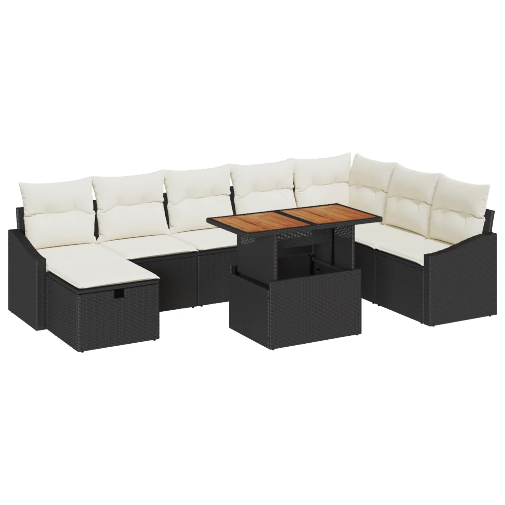 Set divano da giardino da 9 pezzi con cuscini Nero Polyrattan - Image 2