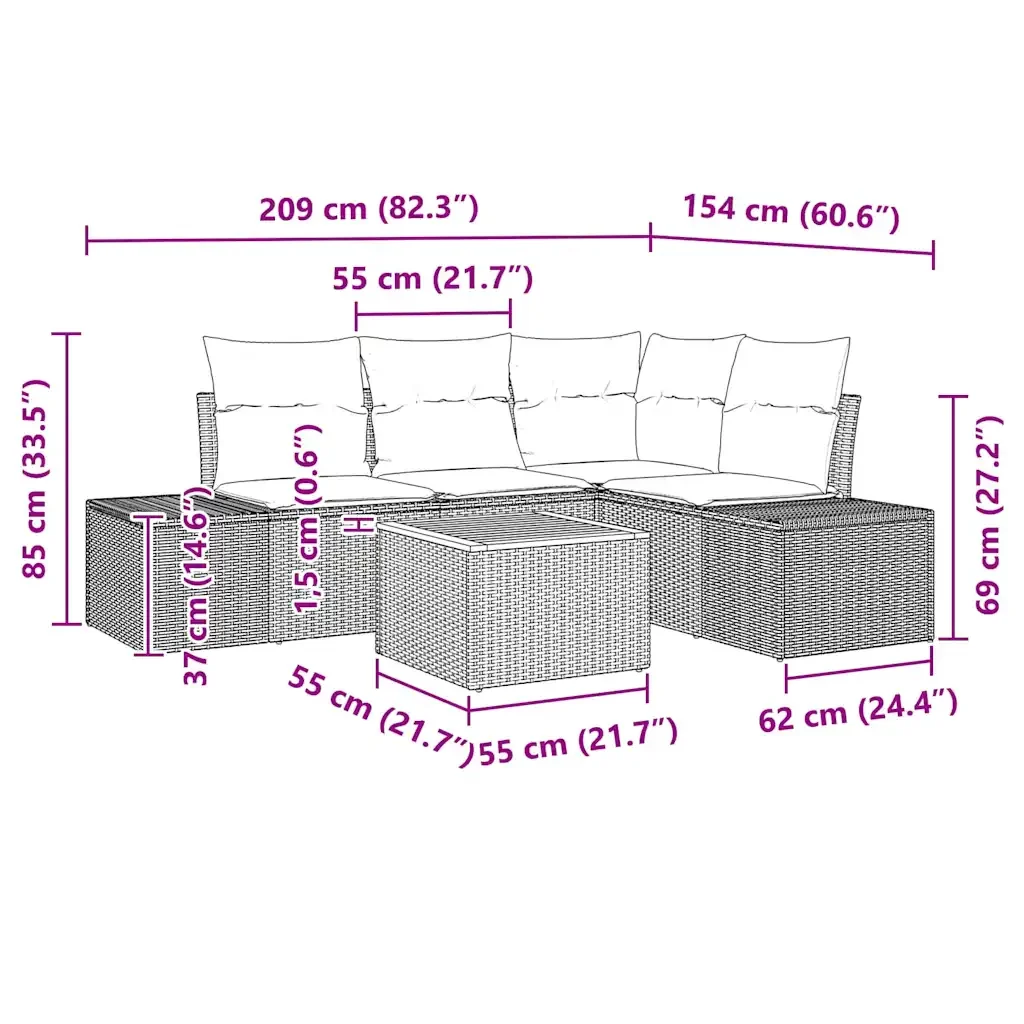 Set Divano da Giardino con cuscino 5 pcs Grigio polyrattan 3347951 - Image 9