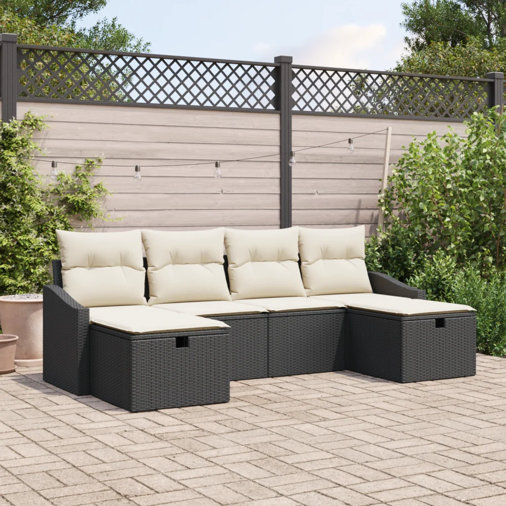 set divano da giardino di 6 pezzi con cuscini neri in polyrattan