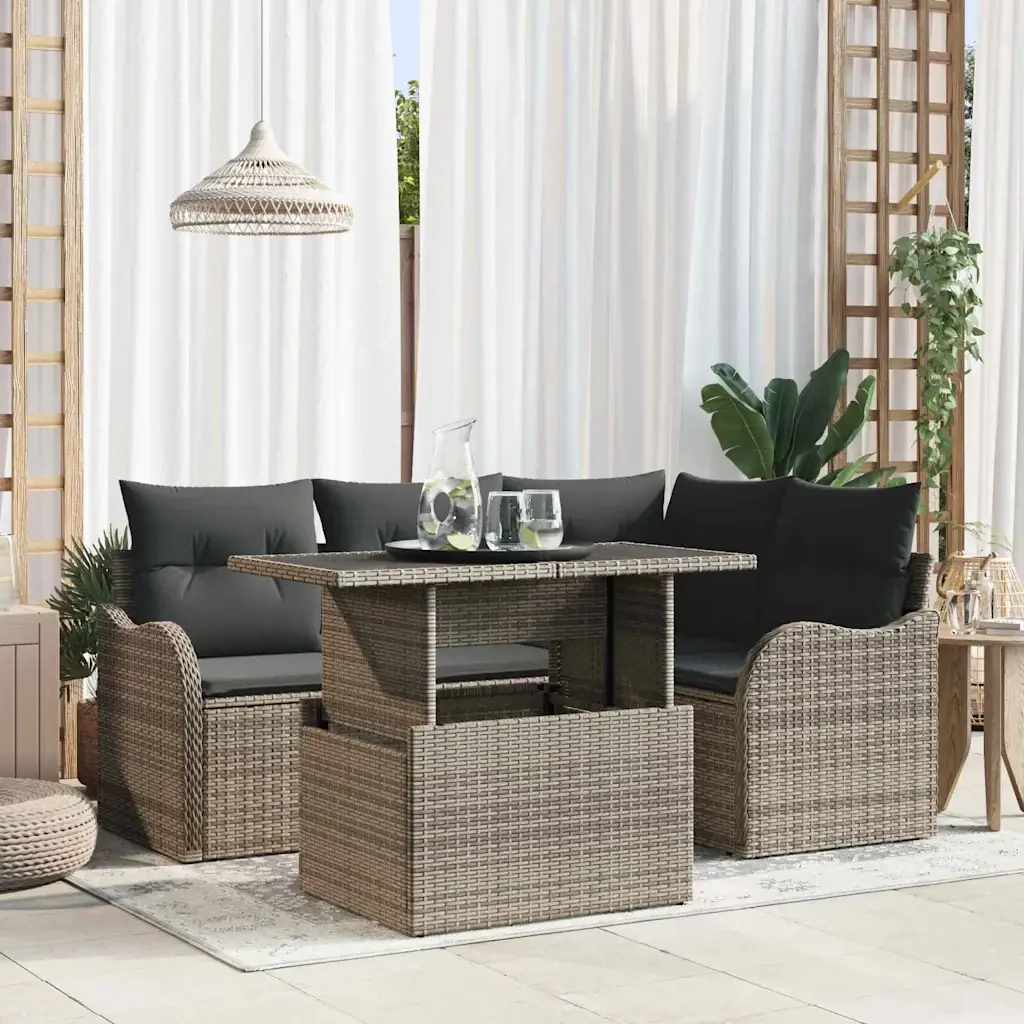 Set da pranzo per esterni con cuscino 5 pcs Grigio Poly Rattan 3348455