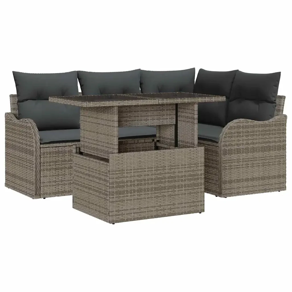 Set da pranzo per esterni con cuscino 5 pcs Grigio Poly Rattan 3348455 - Image 2