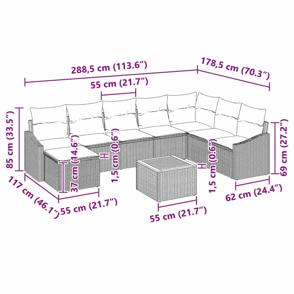 Set Divano da Giardino con cuscino 9 pcs Grigio polyrattan 3347867 - Image 10