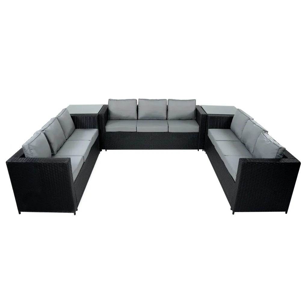 Set Giardino Rattan 11 Posti Nero Divani Sgabelli Tavolo Firepit - Image 4
