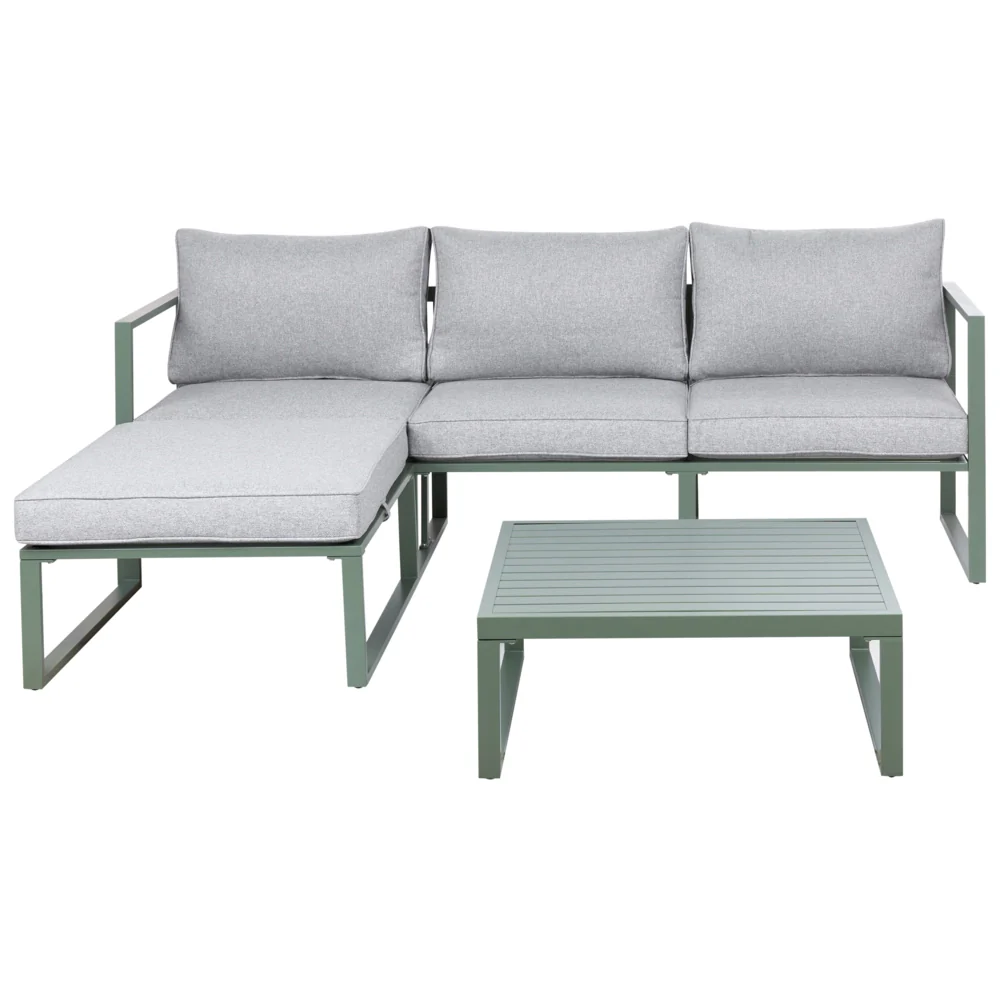 Set Lounge da Giardino a 3 Posti con Divano Angolare Sinistro in Tessuto Verde e Tavolino Struttura in Alluminio