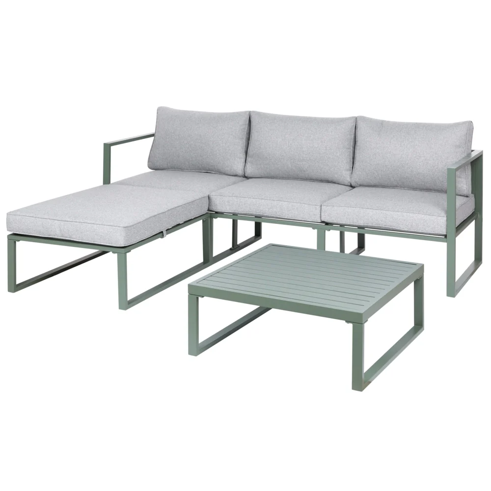 Set Lounge da Giardino a 3 Posti con Divano Angolare Sinistro in Tessuto Verde e Tavolino Struttura in Alluminio - Image 2
