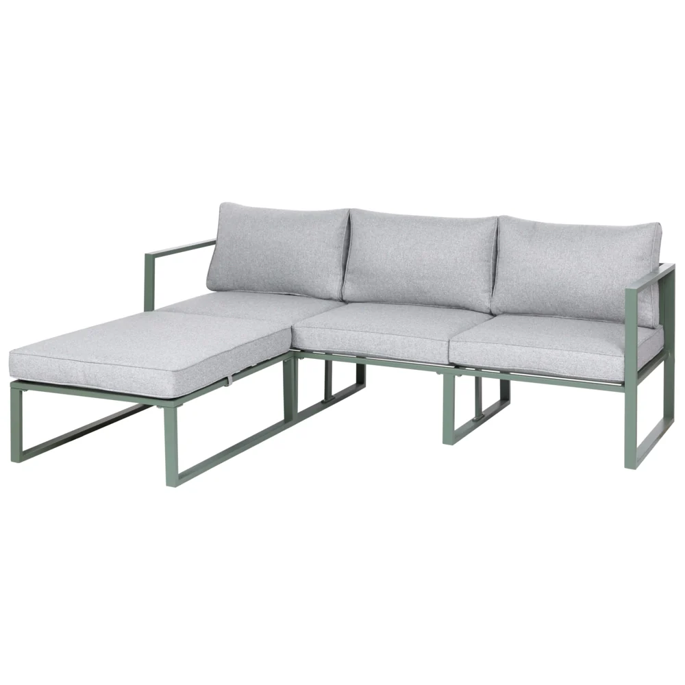 Set Lounge da Giardino a 3 Posti con Divano Angolare Sinistro in Tessuto Verde e Tavolino Struttura in Alluminio - Image 3