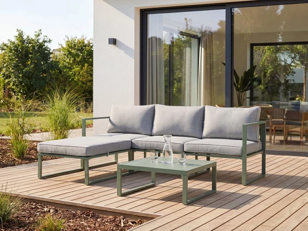 Set Lounge da Giardino a 3 Posti con Divano Angolare Sinistro in Tessuto Verde e Tavolino Struttura in Alluminio - Image 4