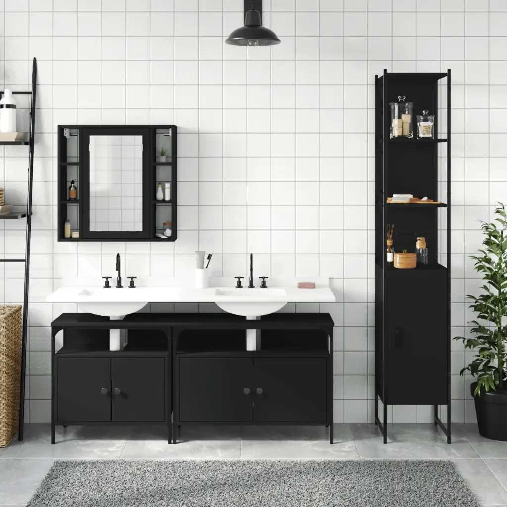 Set Mobili da Bagno 4 pz Nero in Legno Multistrato 3214745 - Image 3