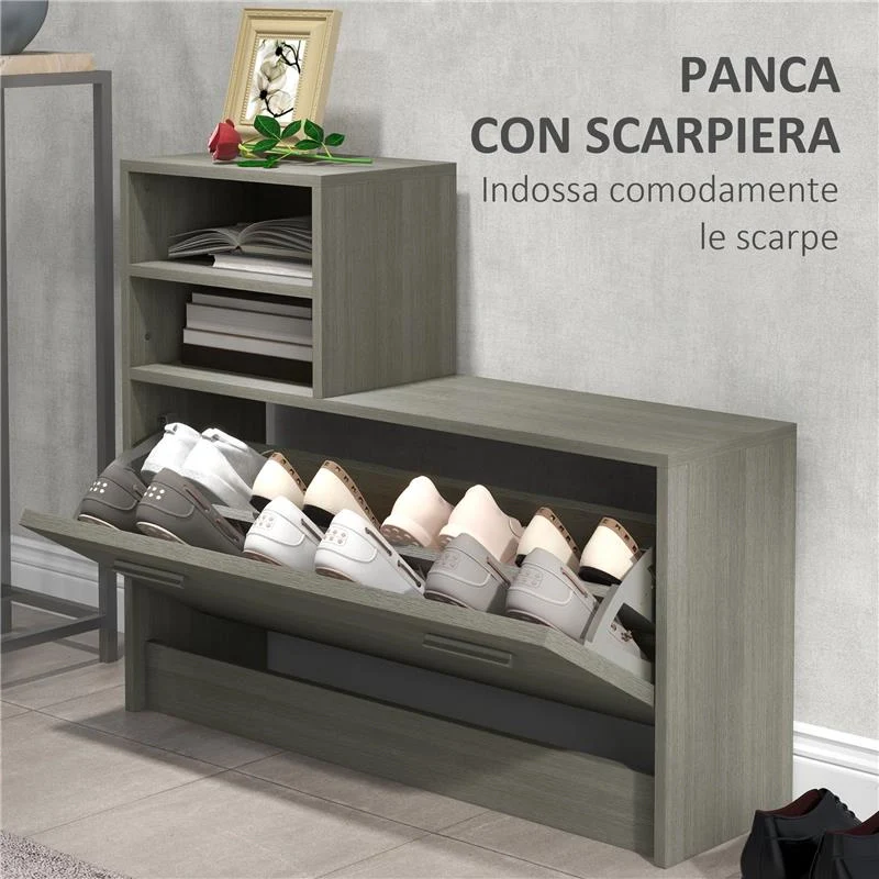SET MOBILI DA INGRESSO CON APPENDIABITI, SPECCHIO, PANCA CON SCAFFALE E SCARPIERA PER 8 PAIA DI SCARPE, GRIGIO - Image 4