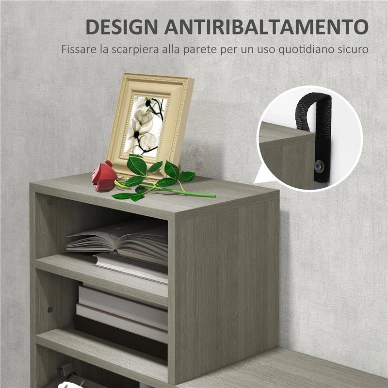 SET MOBILI DA INGRESSO CON APPENDIABITI, SPECCHIO, PANCA CON SCAFFALE E SCARPIERA PER 8 PAIA DI SCARPE, GRIGIO - Image 5