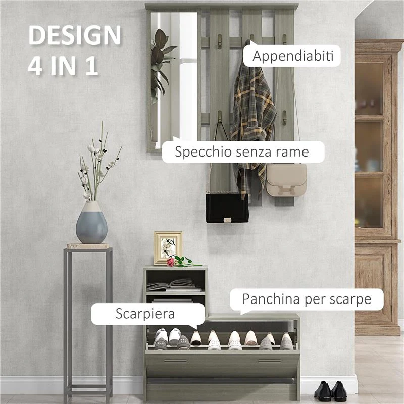 SET MOBILI DA INGRESSO CON APPENDIABITI, SPECCHIO, PANCA CON SCAFFALE E SCARPIERA PER 8 PAIA DI SCARPE, GRIGIO - Image 6