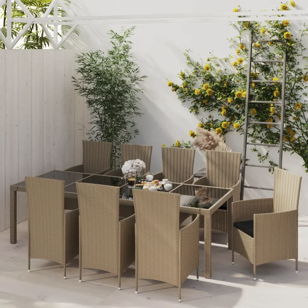 Set Mobili da Pranzo Giardino 11 pz e Cuscini Polyrattan Beige 3094908