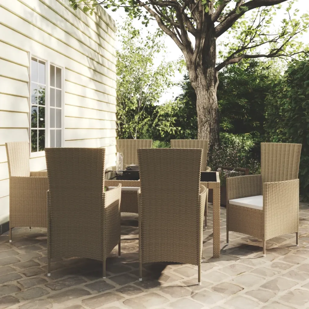 Set Mobili da Pranzo Giardino 7 pz con Cuscini Polyrattan Beige 3094904