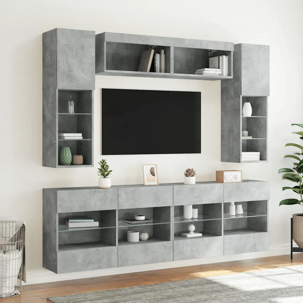 Set Mobili TV a Muro 6 pz con Luci LED Grigio Cemento 3216800 - Image 4