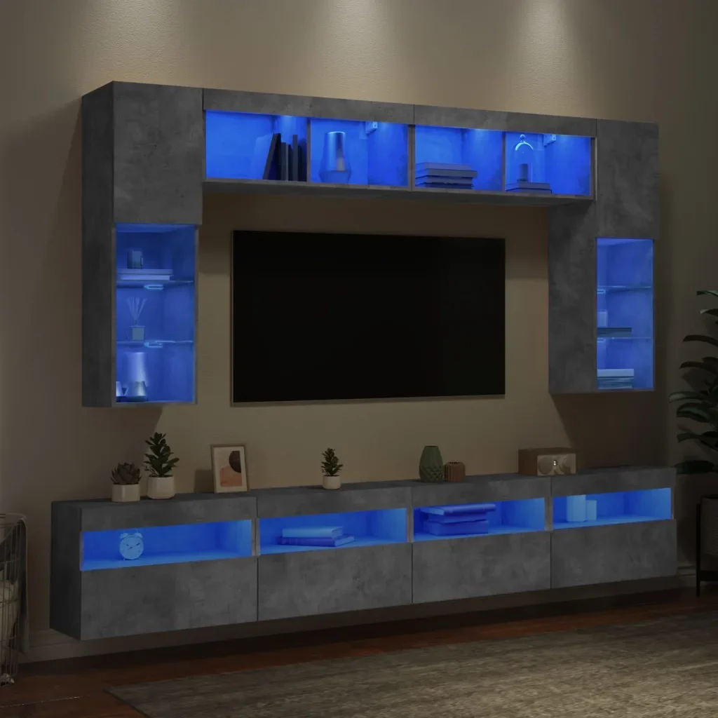 Set Mobili TV a Muro 8 pz con Luci LED Grigio Cemento 3216767