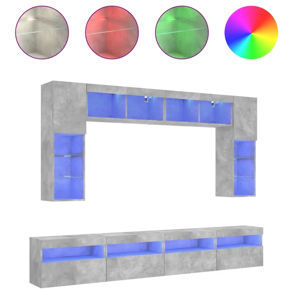 Set Mobili TV a Muro 8 pz con Luci LED Grigio Cemento 3216767 - Image 2