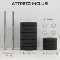 Set Pesi Manubri da 30 kg (8x2.5 kg, 4x1.5 kg) con 12 Dischi e 2 Manubri da 2 kg, 43x18x7.5 cm, Nero - Image 6