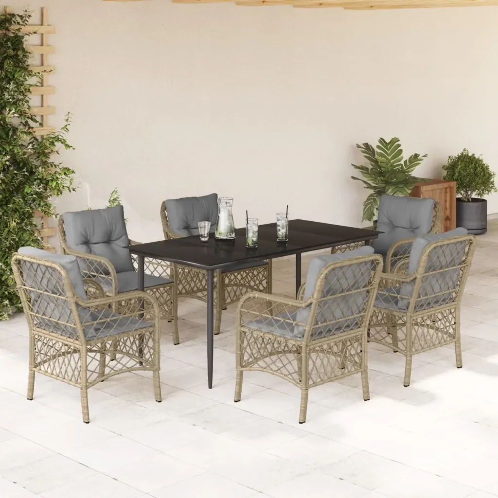Set Pranzo da Giardino 7 pz con Cuscini Beige Misto Polyrattan 3212156