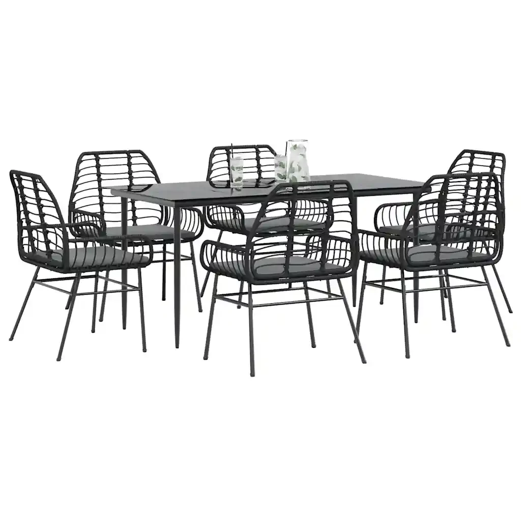 Set Pranzo da Giardino 7 pz Nero con Cuscini Polyrattan Vetro 3334454