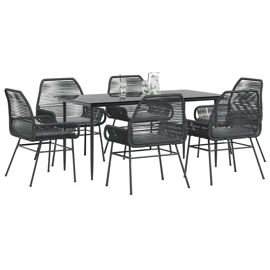 Set Pranzo da Giardino 7 pz Nero con Cuscini Polyrattan Vetro 3334468