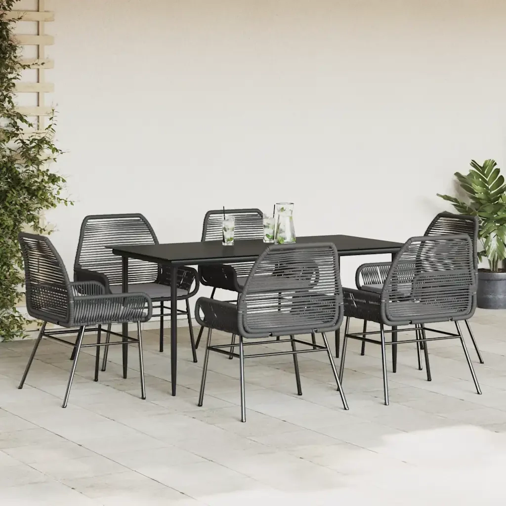 Set Pranzo da Giardino 7 pz Nero con Cuscini Polyrattan Vetro 3334468 - Image 3