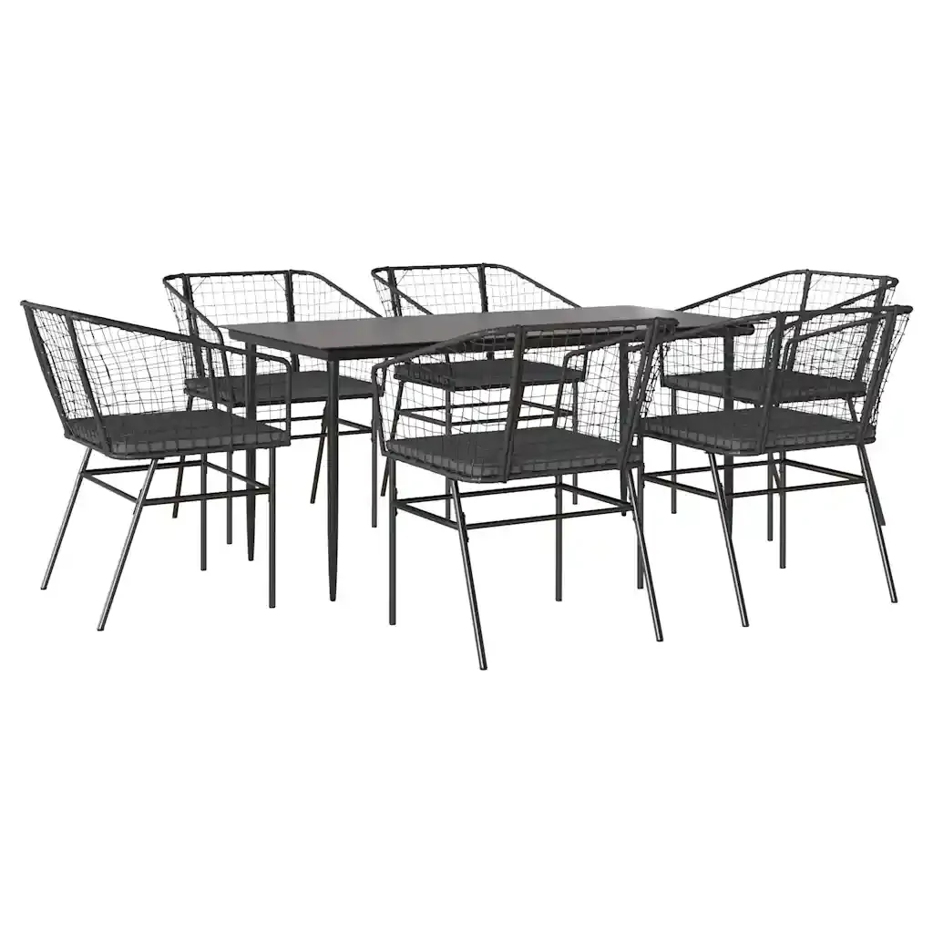 Set Pranzo da Giardino 7 pz Nero con Cuscini Polyrattan Vetro 3334503 - Image 2