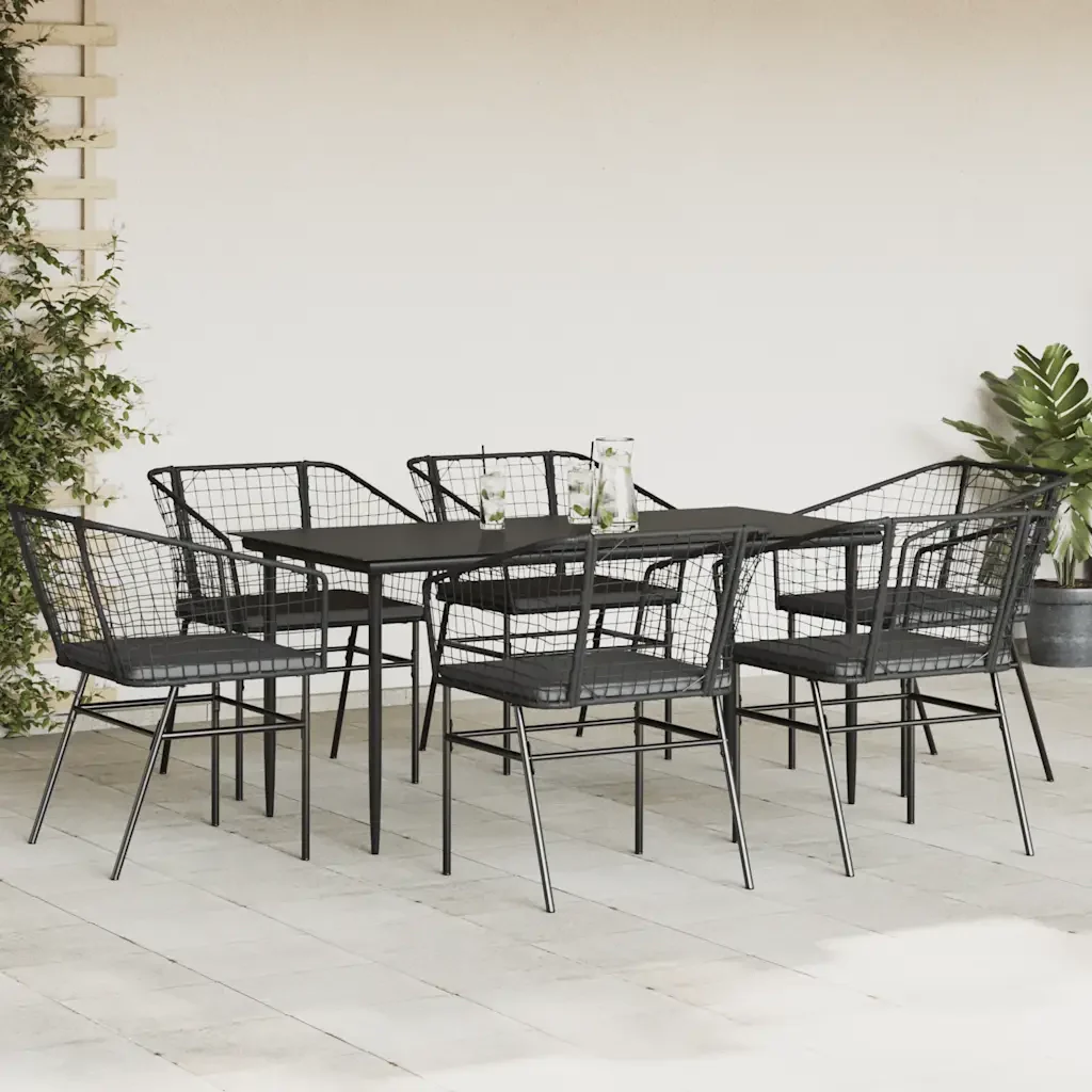 Set Pranzo da Giardino 7 pz Nero con Cuscini Polyrattan Vetro 3334503 - Image 3