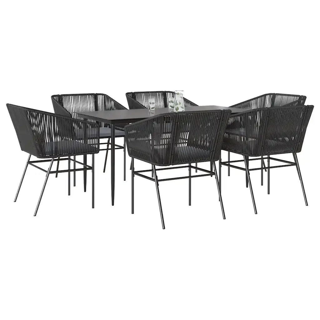 Set Pranzo da Giardino 7 pz Nero con Cuscini Polyrattan Vetro 3334517