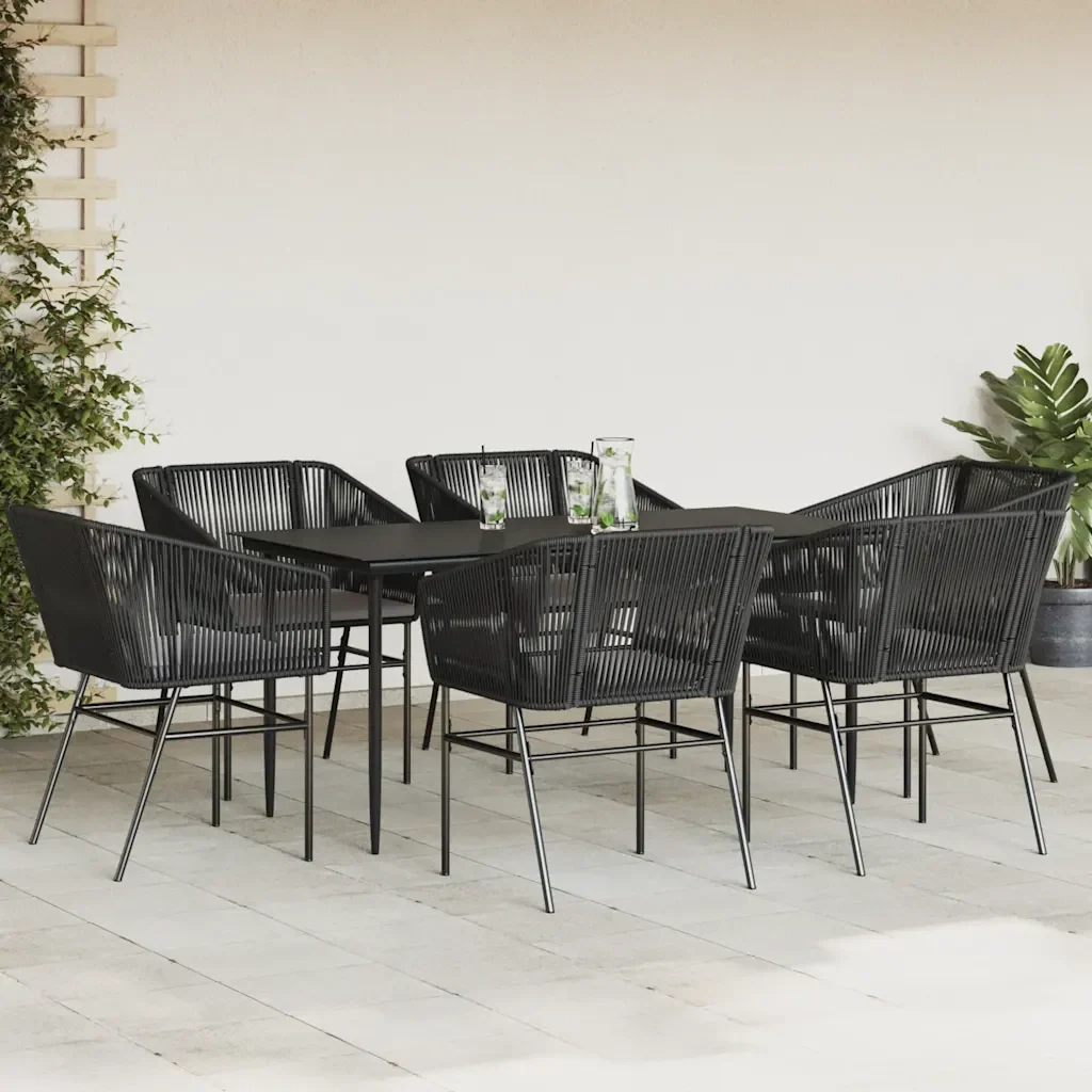 Set Pranzo da Giardino 7 pz Nero con Cuscini Polyrattan Vetro 3334517 - Image 3