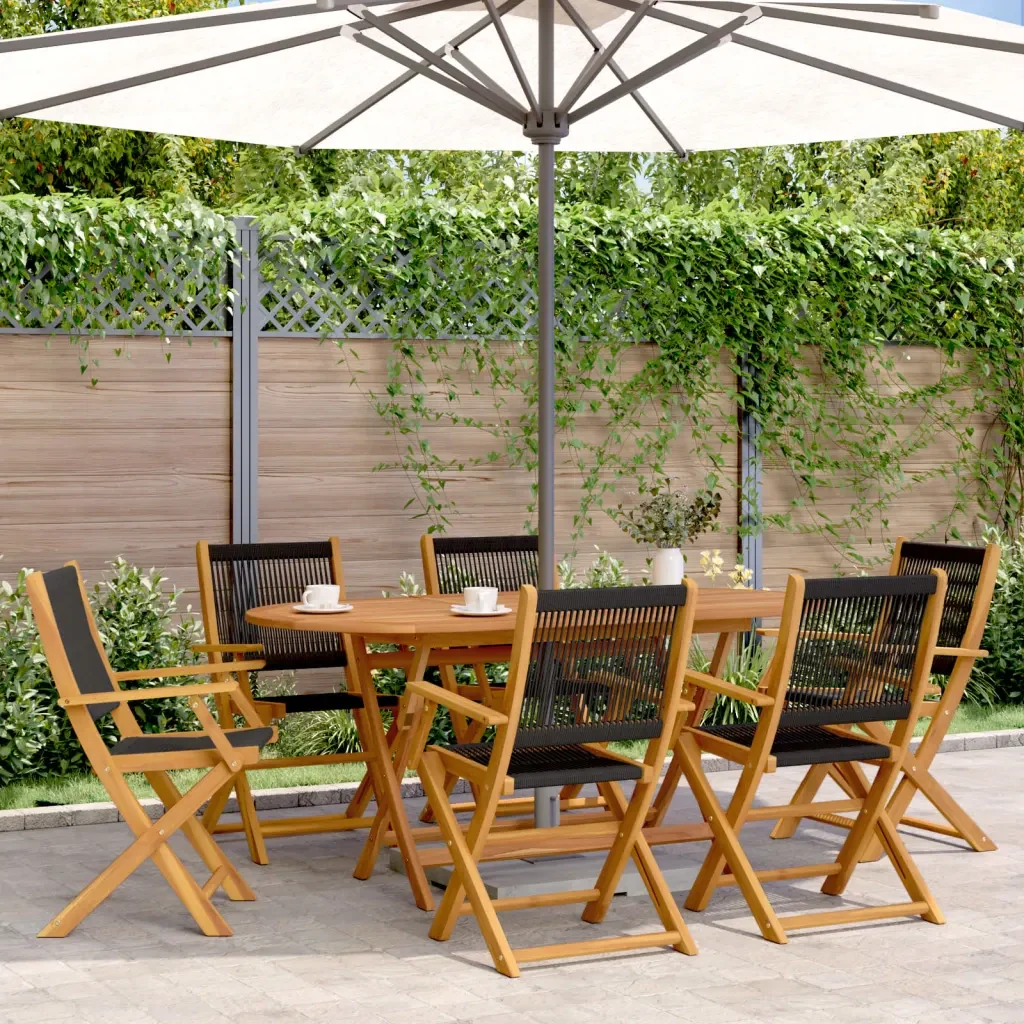 Set Pranzo da Giardino 7 pz Nero Polipropilene e Legno Massello 3281709
