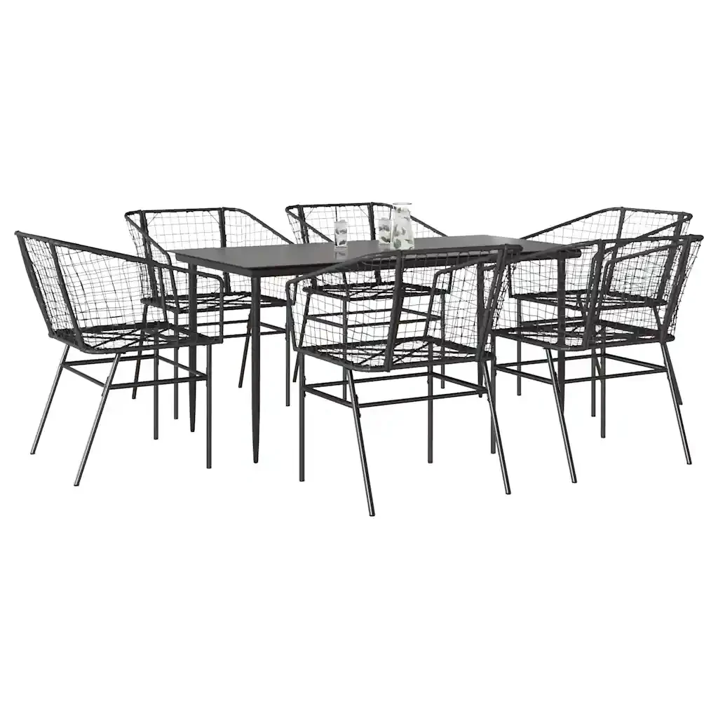 Set Pranzo da Giardino 7 pz Nero Polyrattan Vetro 3334489