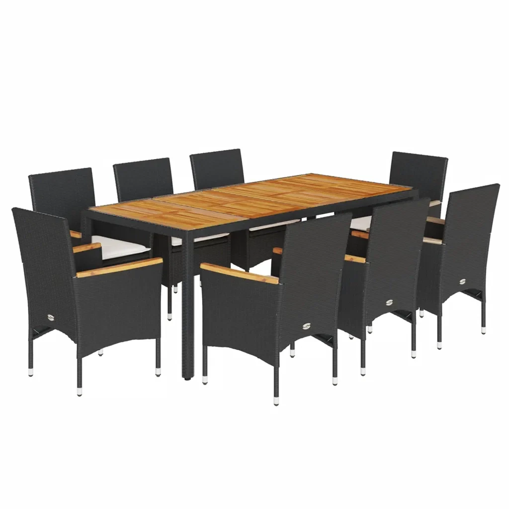 Set Pranzo da Giardino 9 pz con Cuscini Nero Polyrattan Acacia - Image 2