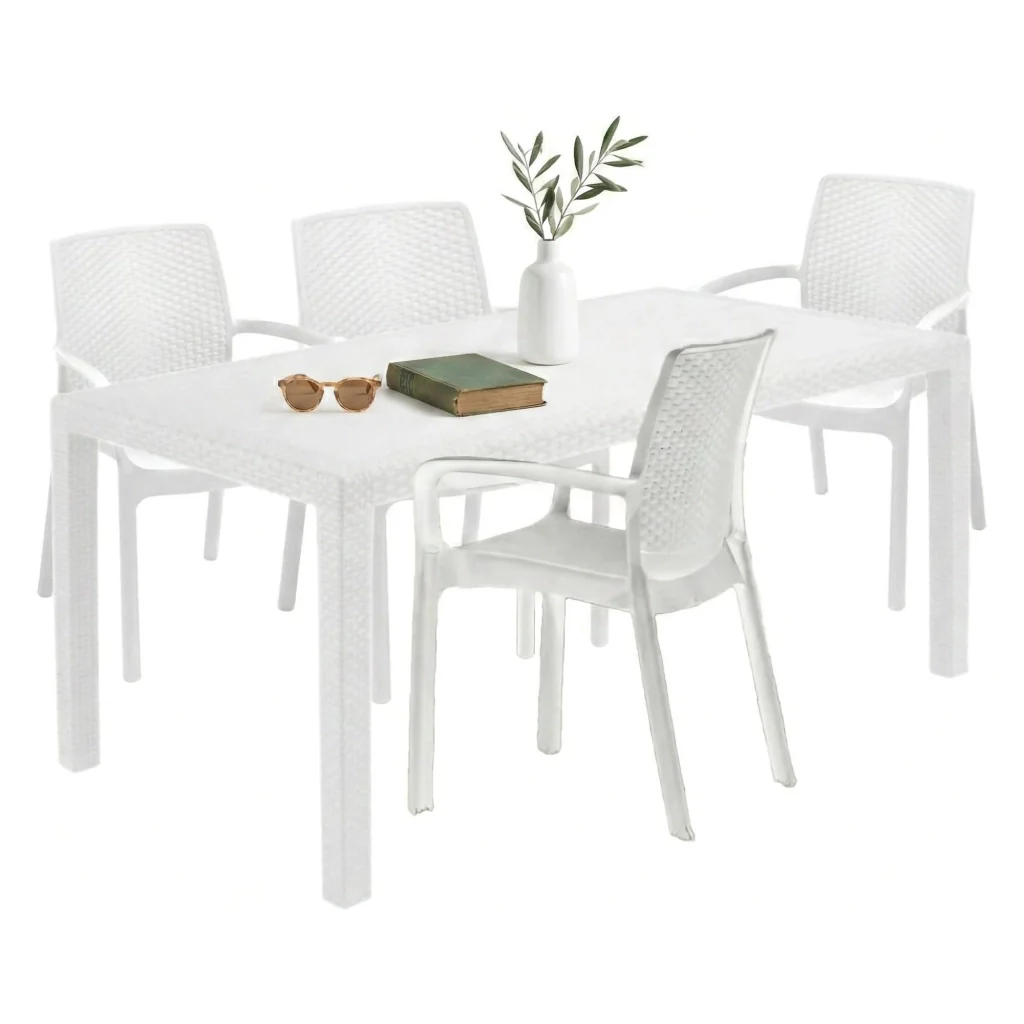 Set salotto da esterno Sover, Salottino outdoor e indoor, Tavolo rettangolare fisso con 4 sedie impilabili, Made in Italy, Bianco