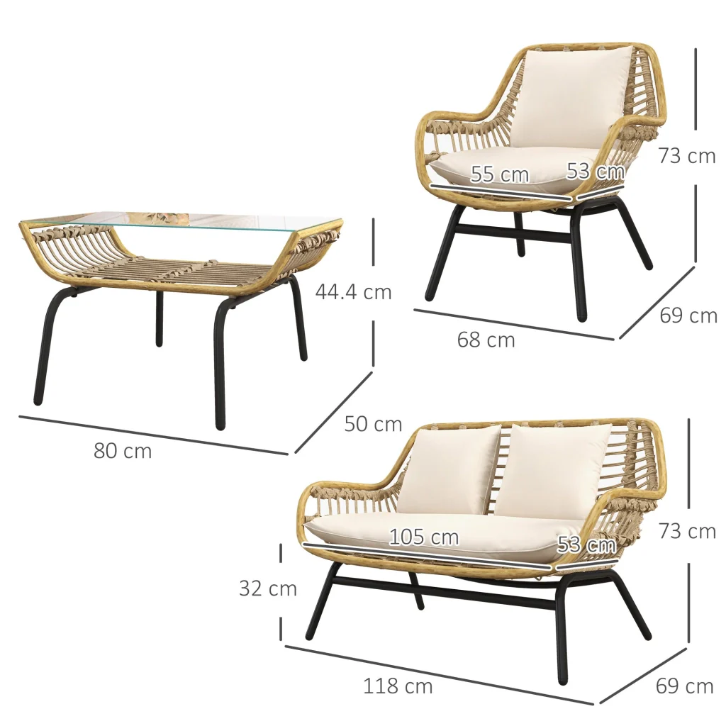 Set Salotto da Giardino Divano 2 Poltrone e Tavolino in Rattan e PE Beige - Image 3