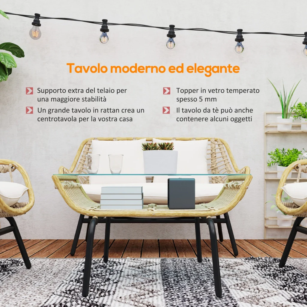 Set Salotto da Giardino Divano 2 Poltrone e Tavolino in Rattan e PE Beige - Image 4