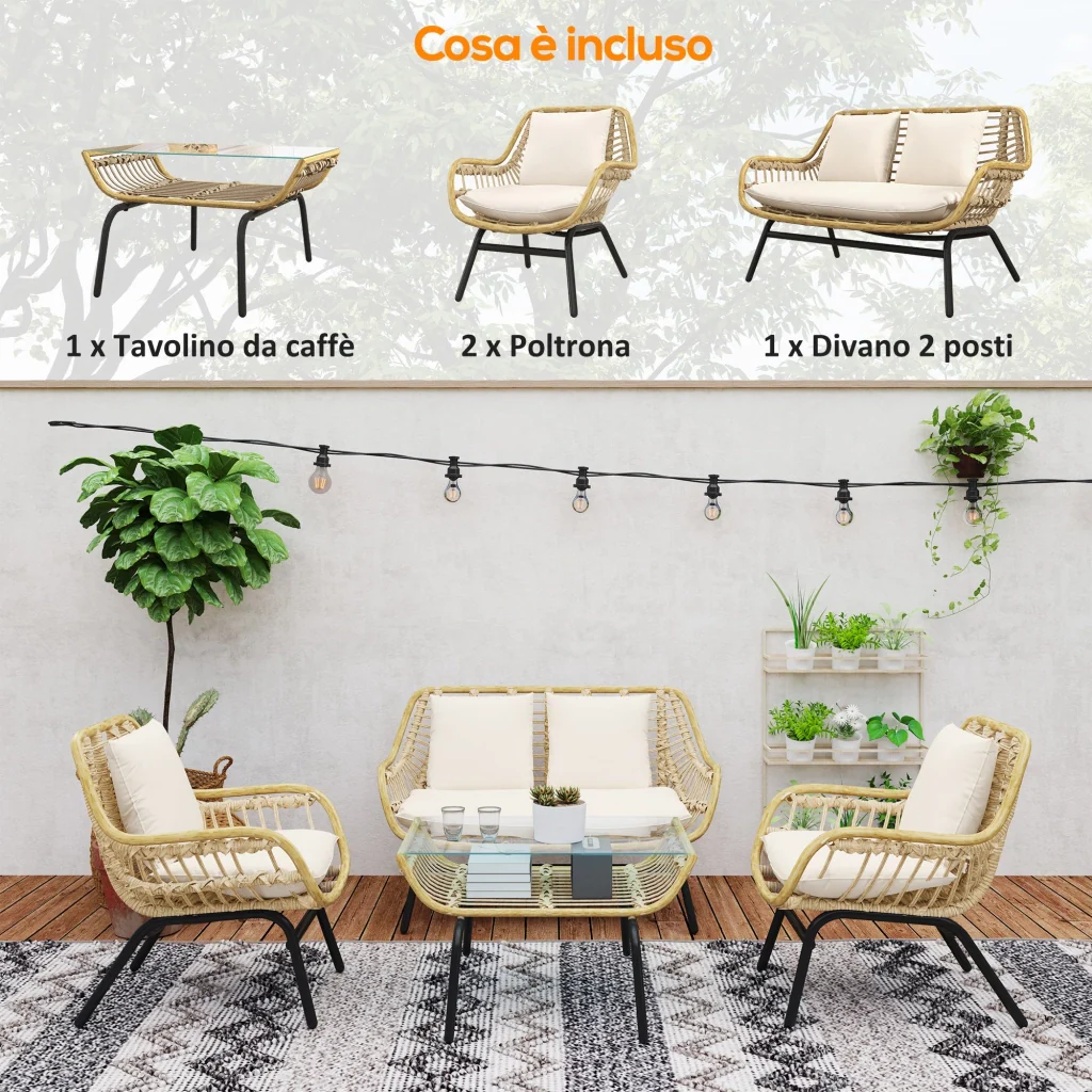 Set Salotto da Giardino Divano 2 Poltrone e Tavolino in Rattan e PE Beige - Image 5