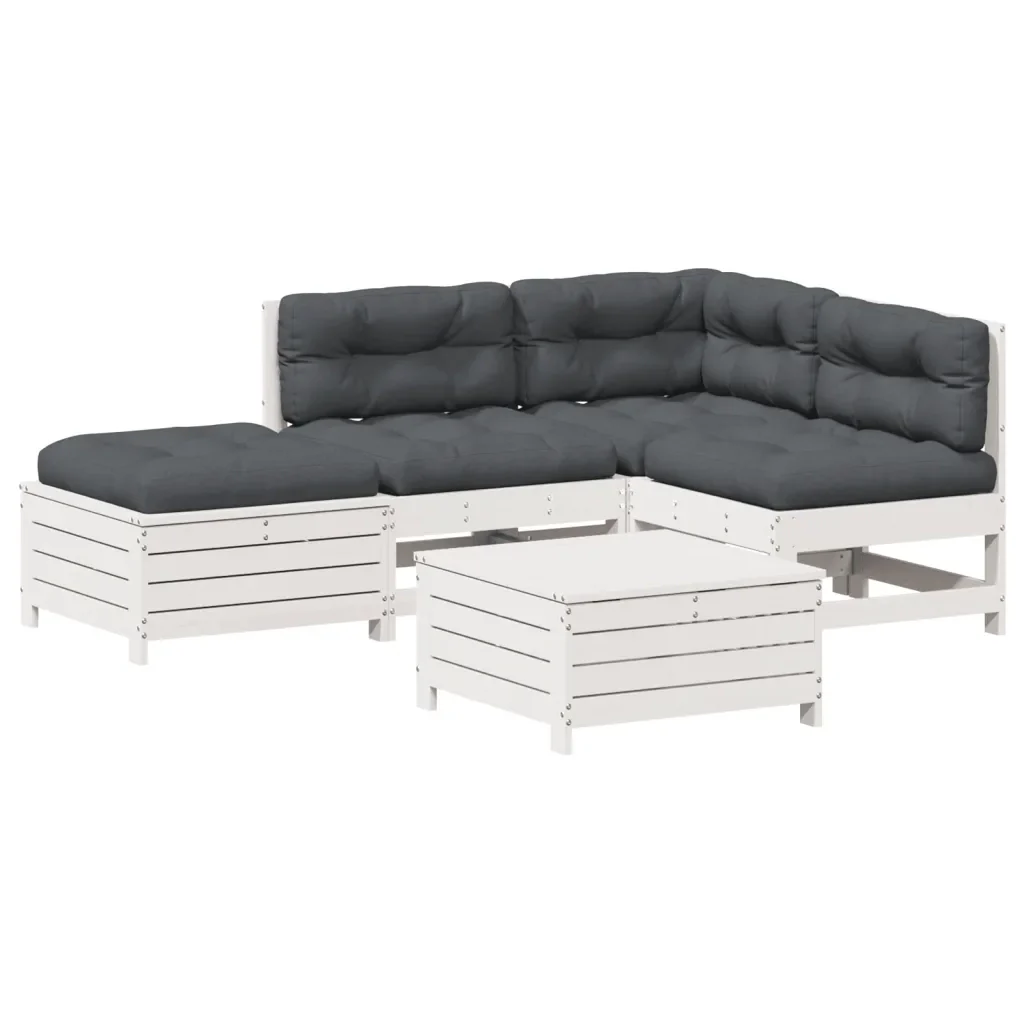 Set Salotto Giardino 5pz con Cuscini Bianco Legno Massello Pino 3250701 - Image 2