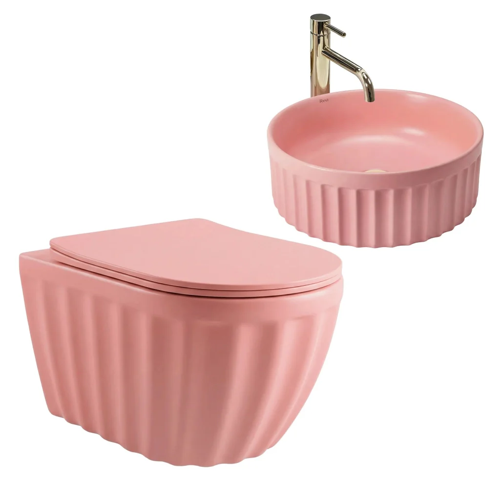 Set: Wc Sospeso + Lavabo Da Appoggio Rea Duo Sweet Pink Matt - Image 2