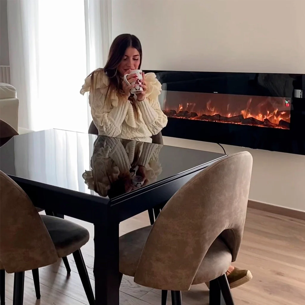 Sined Aprica Caminetto Elettrico Da Parete In Acciaio e Vetro Da 1500w Effetto Fiamma Led Nero Realistico Effetto Fiamma Led In 6 Livelli Di Intensita Della Luce Con Telecomando Per Casa e Ufficio - Image 3