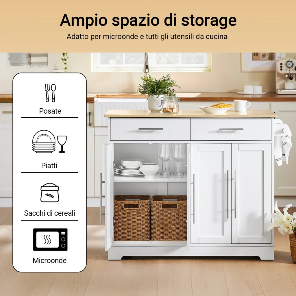 SoBuy FKW129-WN Carrello Cucina con Ruote, Isola Cucina con Piano di Lavoro Estensibile in Legno, 2 Cassetti e Ripiani Regolabili Mobile Salvaspazio per Mobili da Cucina, Bianco, L113 x P91 x H(44-69) - Image 3